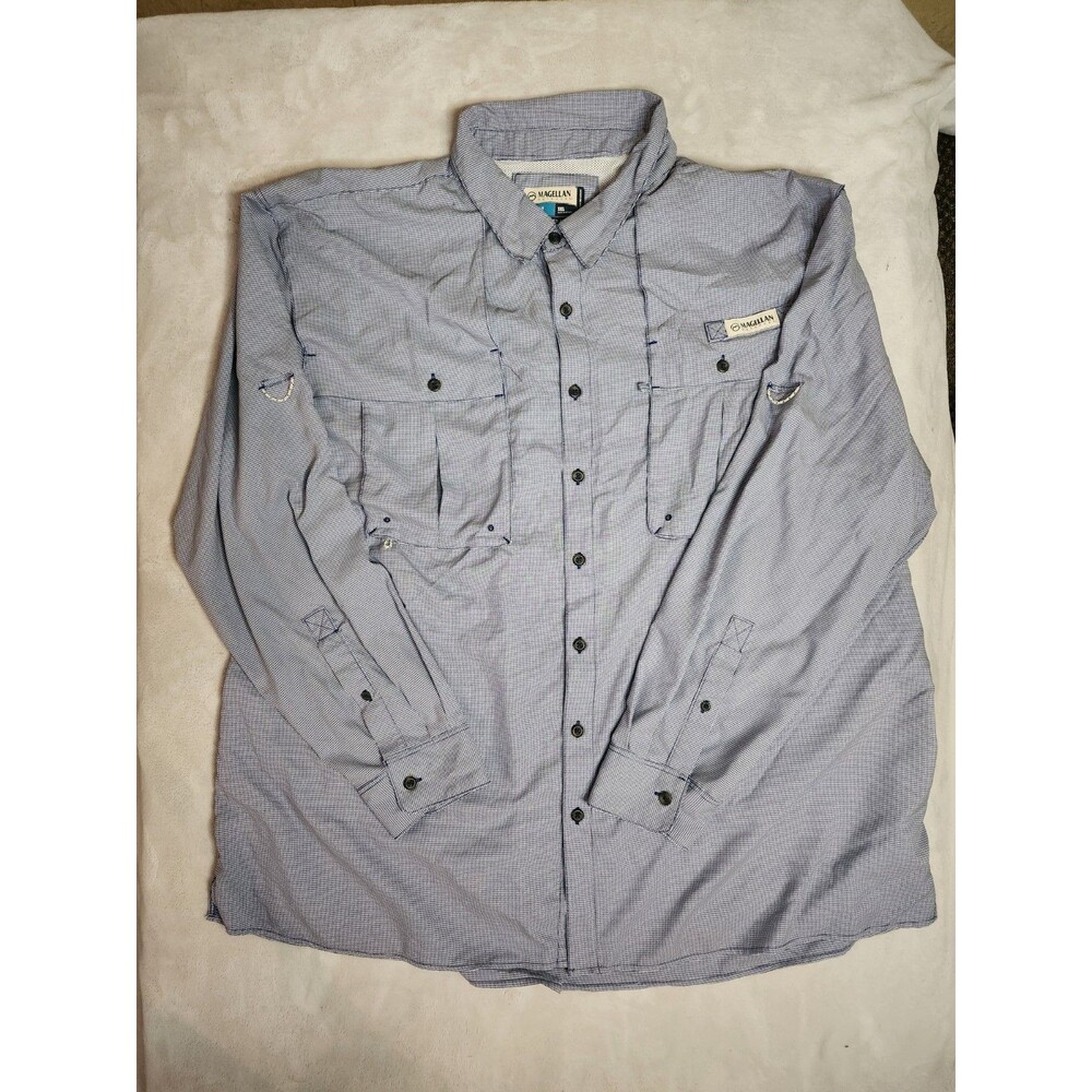 blue and white gingham-check long-sleeve fishing shirt by Magellan Outdoors